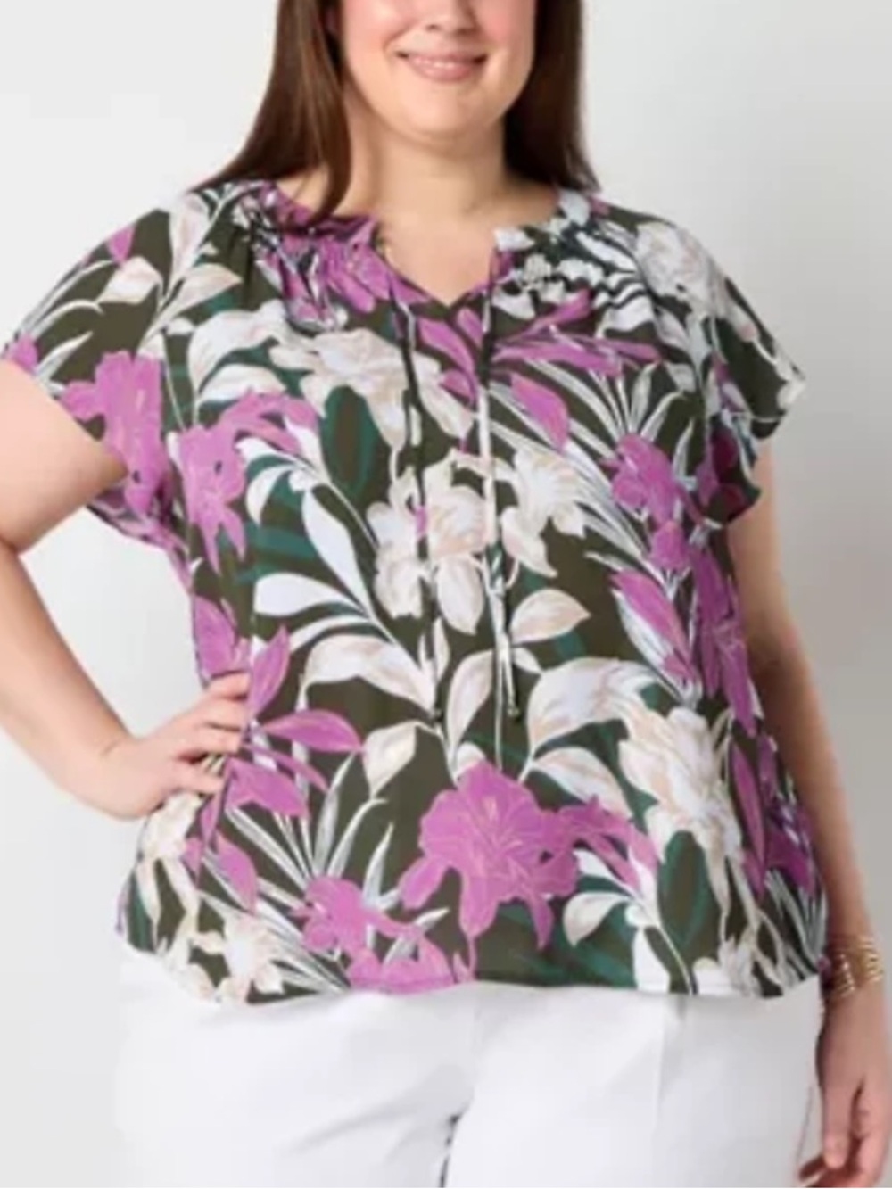 Liz Claiborne Womens Plus Split Tie Neck Short Sleeve Floral Blouse Size 2X